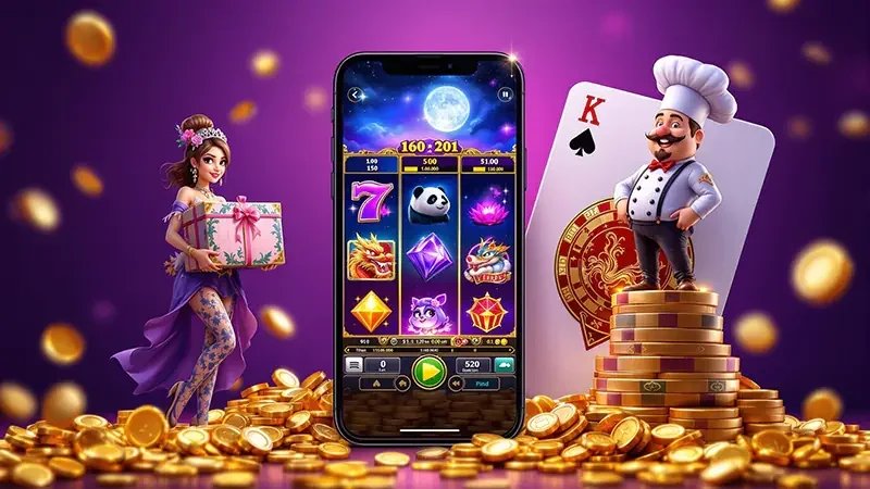 Antarmuka slot mobile dengan reel, simbol, dan panel permainan