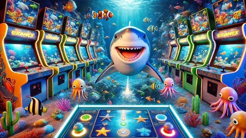 Adegan permainan tembak ikan dengan target bawah laut